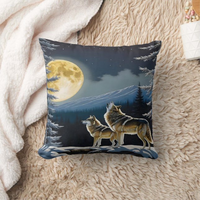 Coussin Howling Wolfs Under a Pleine lune en hiver (Couverture)