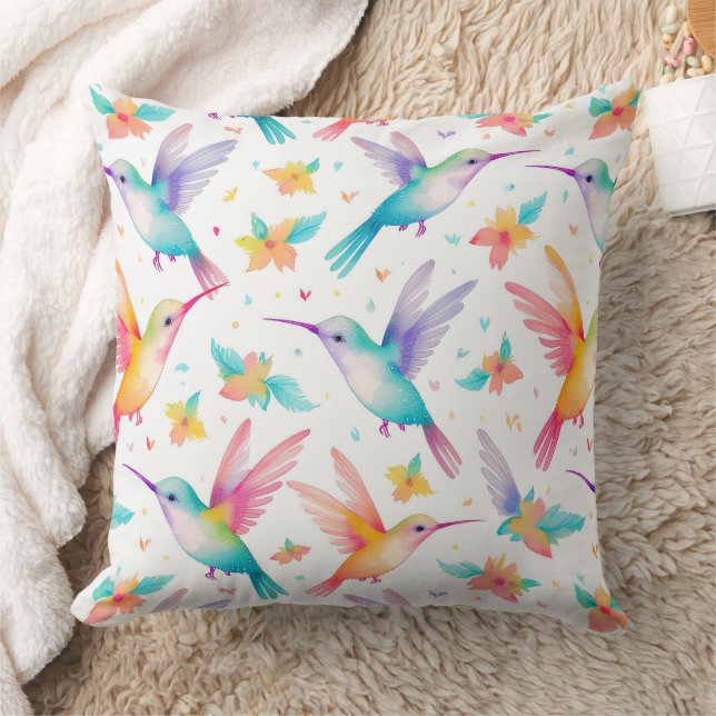 Coussin Humming bird and floral pastel watercolor pattern (Couverture)