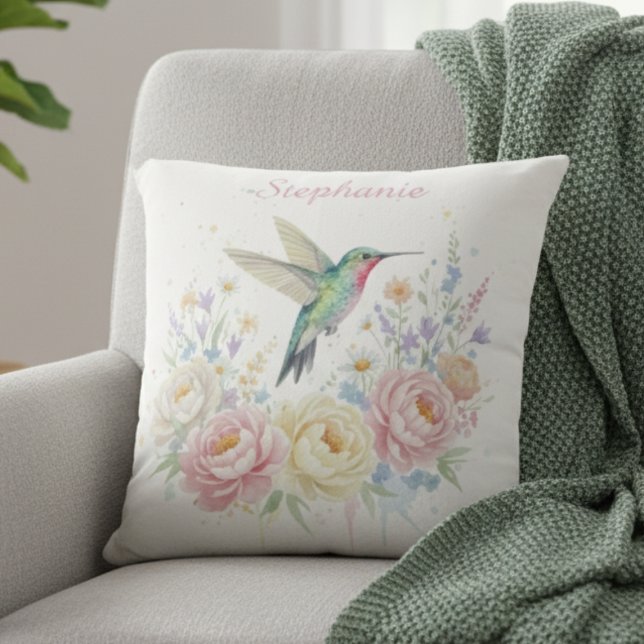 Coussin Hummingbird Pillow – Pastel Floral Watercolor Gift (Watercolor floral hummingbird decorative pillow)