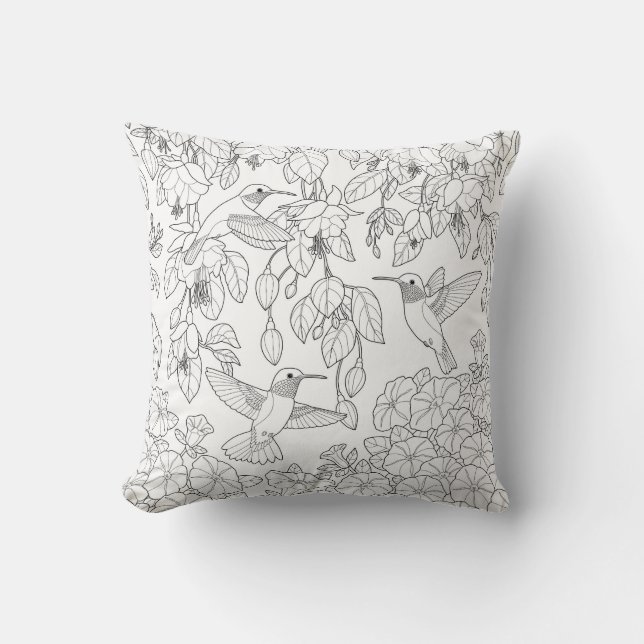 Coussin Hummingbirds and Flowers Adult Coloring Page (Recto)