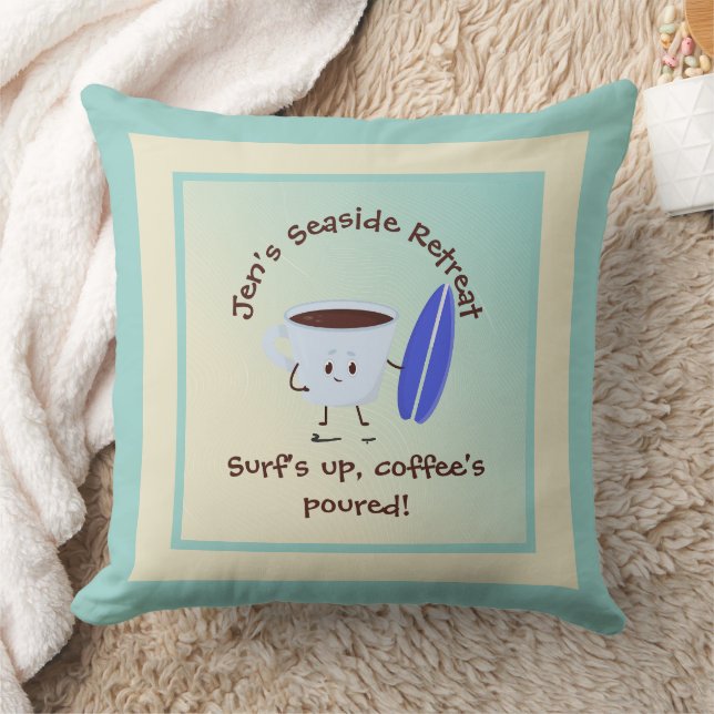 Coussin Humoriste surfeur de café avec surf Nom Texte (Couverture)