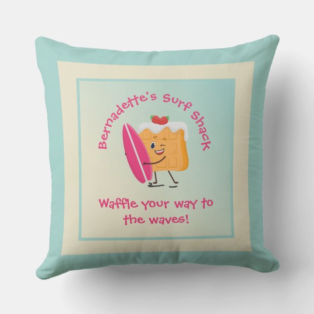 Coussin Humoriste surfeur de gaufre avec surf Nom Texte (Verso)