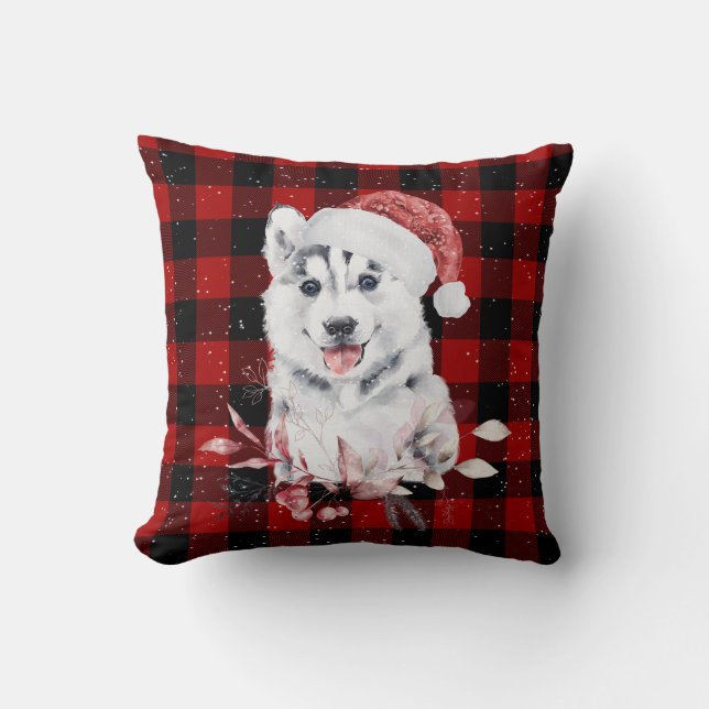 Coussin Husky de Noël sur carreaux de bison   (Recto)