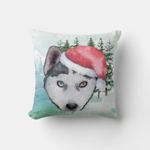 Coussin Husky en Casquette Père Noël