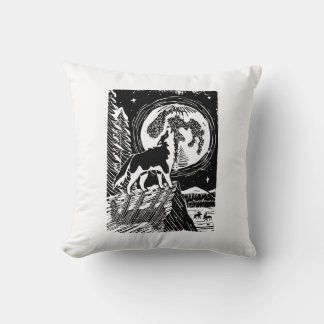 Coussin Husky Howling noir et blanc à Night Linocut