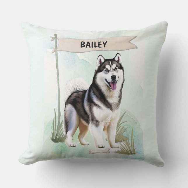 Coussin Husky Sibérien Aquarelle Chien Personnalisé (Recto)
