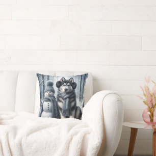 Coussin Husky Sibérien Avec Snowman