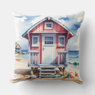 COUSSIN HUTTE DE PLAGE ÉTÉ COLORÉE À L'AQUARELLE