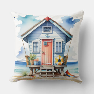 COUSSIN HUTTE DE PLAGE ÉTÉ COLORÉE À L'AQUARELLE
