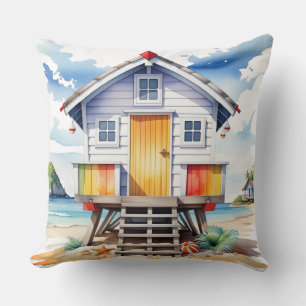 COUSSIN HUTTE DE PLAGE ÉTÉ COLORÉE À L'AQUARELLE