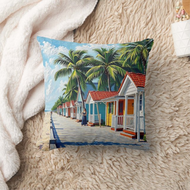 Coussin Huttes de plage tropicales colorées (Couverture)