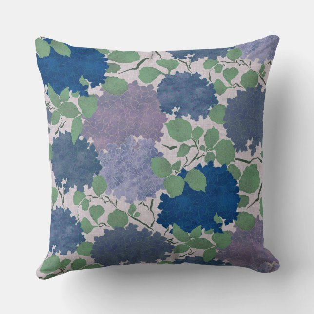Coussin Hydrangea Ancienne Jardin Bleu Vert Lavande (Verso)