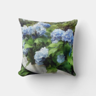 Coussin Hydrangea Bleue sur Clôture Blanche