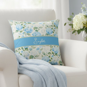 Coussin Hydrangea Floral Bleu Aquarelle Nom