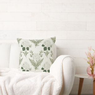 Coussin Hydrangea & Fougère Vert Sauge Botanique Vintage