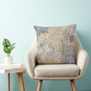 Coussin Hydrangea Pervenche et Libellule Shabby Chic