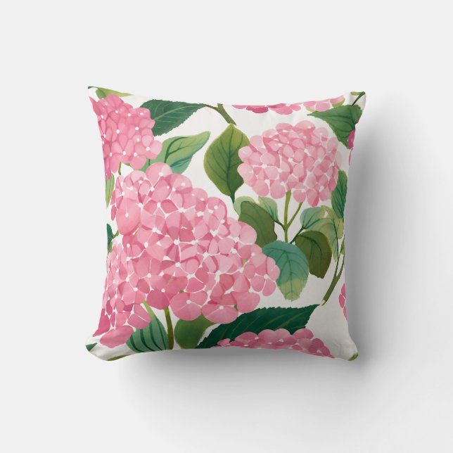 Coussin Hydrangea Rose Aquarelle Florale Côtière (Recto)
