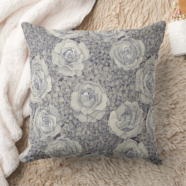 Coussin hydrangea rose florale perle prune marine (Couverture)