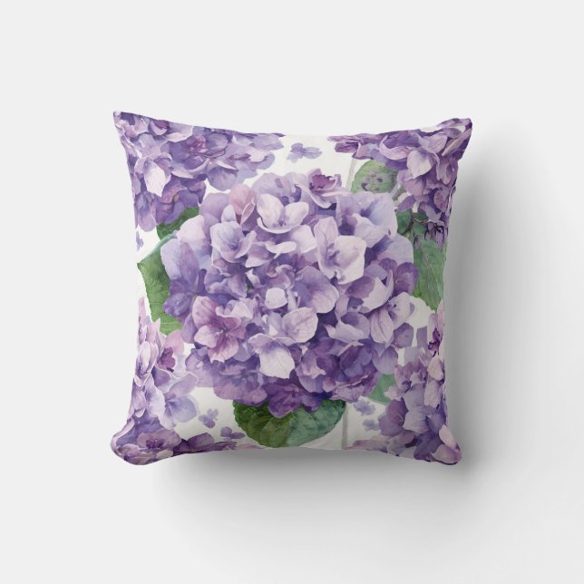 Coussin Hydrangea Violette Fleur Lavande Aquarelle  (Recto)