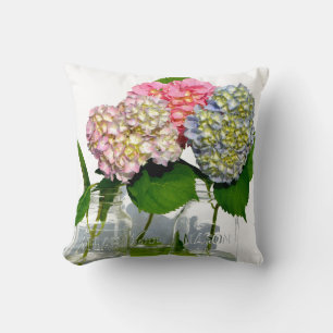 Coussin Hydrangeas bleu rose pourpre et jarre Mason