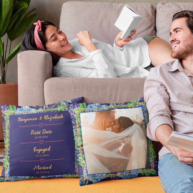 Coussin Hydrangeas Bleus Anniversaire de Mariage Photo Per (Créateur téléchargé)