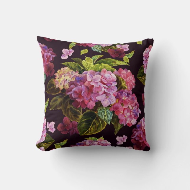 Coussin Hydrangée, foncé, motif floral transparent. (Recto)