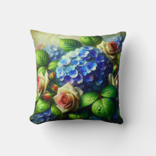 Coussin "Hydrangées Vintages et Roses en pluie"