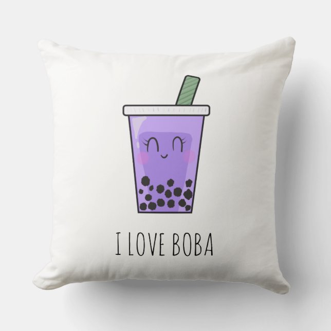 Coussin I Love Boba Kawaii Bubble Tea Taro Ube Purple (Recto)