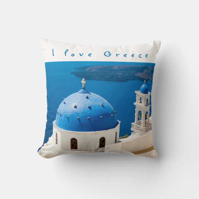 Coussin I love Greece Church Santorini bleu photo et texte (Recto)