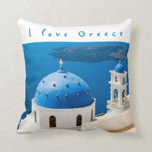 Coussin I love Greece Church Santorini bleu photo et texte