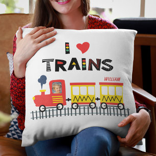 Coussin I Love Trains Colorful Kids Photo et nom