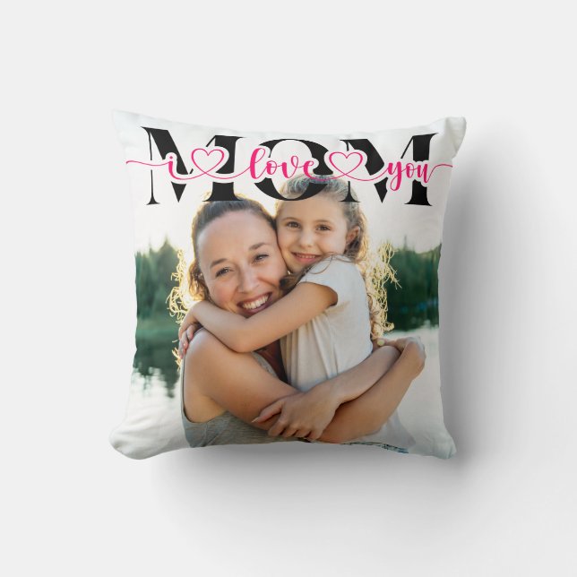 Coussin I Love You Mom Pink Hearts Typographie Photo (Recto)