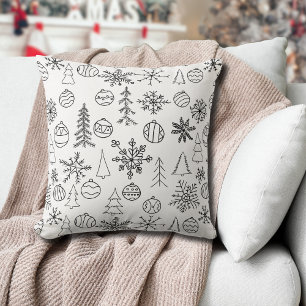 Coussin icônes de Noël dessinées à la main blanc