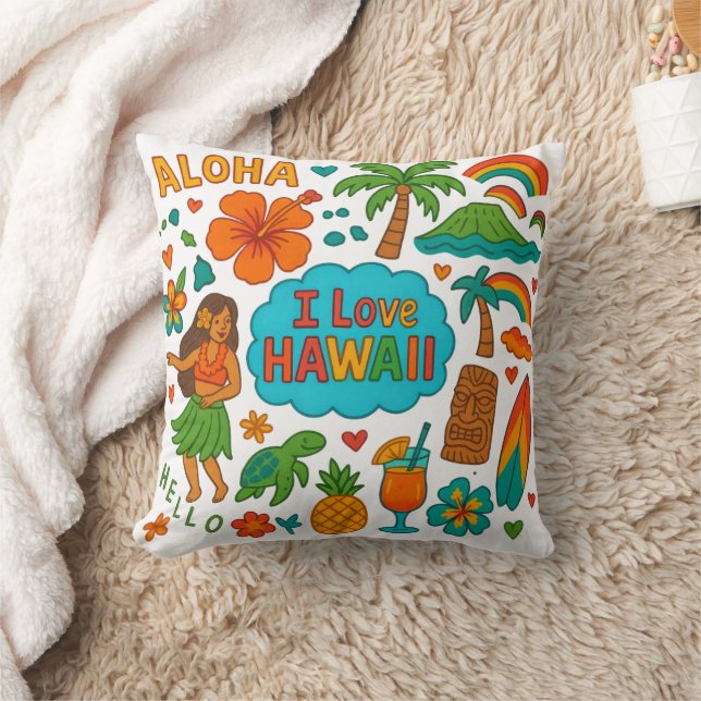 Coussin Icônes de voyage rétro fantaisistes à Hawaï (Couverture)