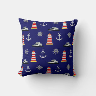 Coussin Icônes nautiques, ancre argentée sur fond bleu mar