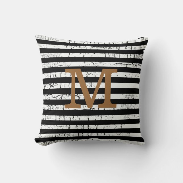 Coussin idée de décoration à rayures noires monogrammée (Recto)
