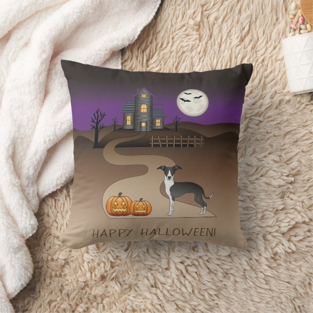 Coussin Iggy noir et blanc et maison hantée d'Halloween (Couverture)