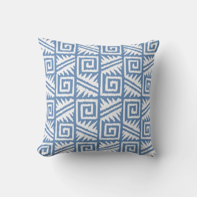 Coussin Ikat Aztèque Tribal - Bleu Ciel et Blanc (Recto)