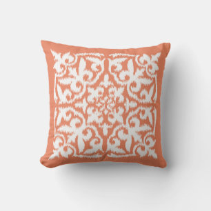 Coussin Ikat damask motif - corail orange et blanc