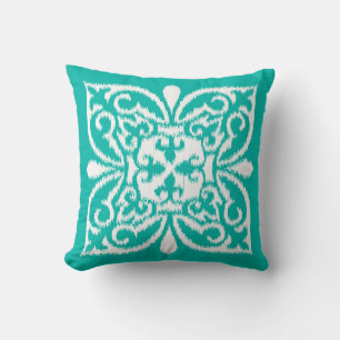 Coussin Ikat damask motif - turquoise et blanc