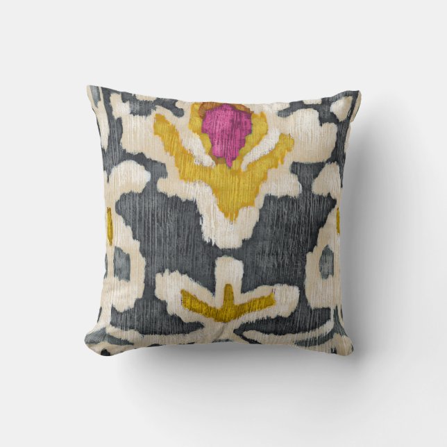 Coussin Ikat de la tribu gris et jaune (Recto)