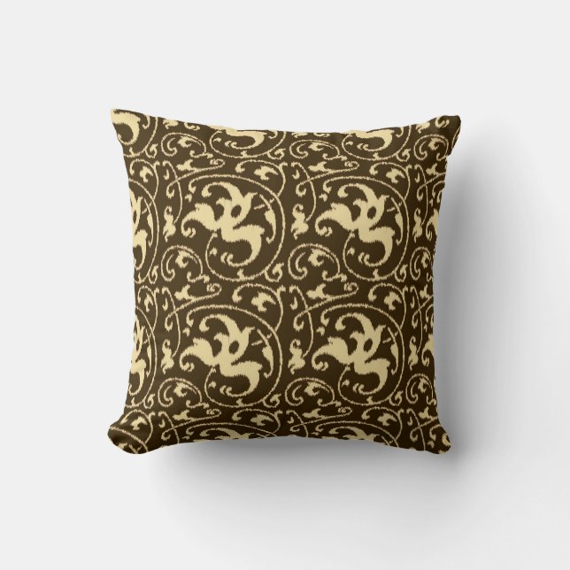 Coussin Ikat Floral Damask - Chocolat Brown et Tan (Recto)