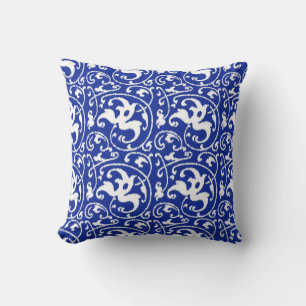 Coussin Ikat floral damassé - Bleu cobalt et blanc