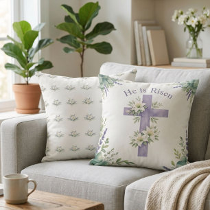Coussin Il est ressuscité Pâques 2026 Croix florale Religi