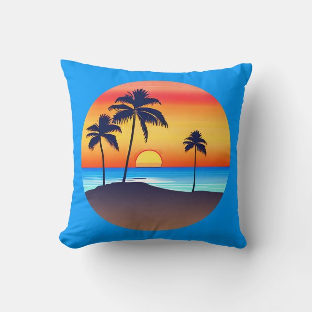 Coussin Île tropicale au coucher du soleil avec palmiers (Recto)