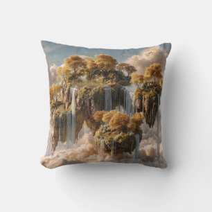 Coussin Îles flottantes surréalistes avec des arbres dorés
