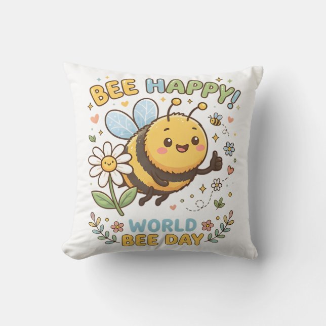 Coussin Illustration adorable "Bee Happy!" pour la Journée (Recto)
