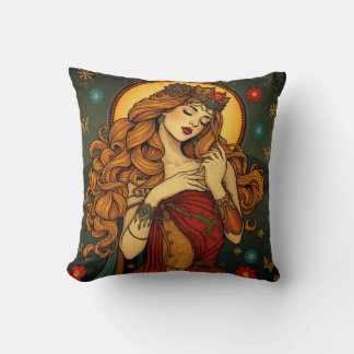 Coussin Illustration Art Nouveau Floral Femme