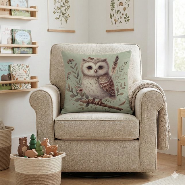 Coussin Illustration botanique de chouette fantaisiste de  (Whimsical Woodland Owl Botanical Illustration Throw Pillow Mockup A)