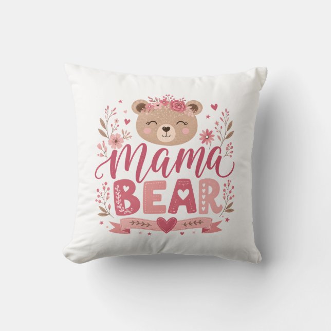 Coussin Illustration botanique de maman ours rose florale (Recto)